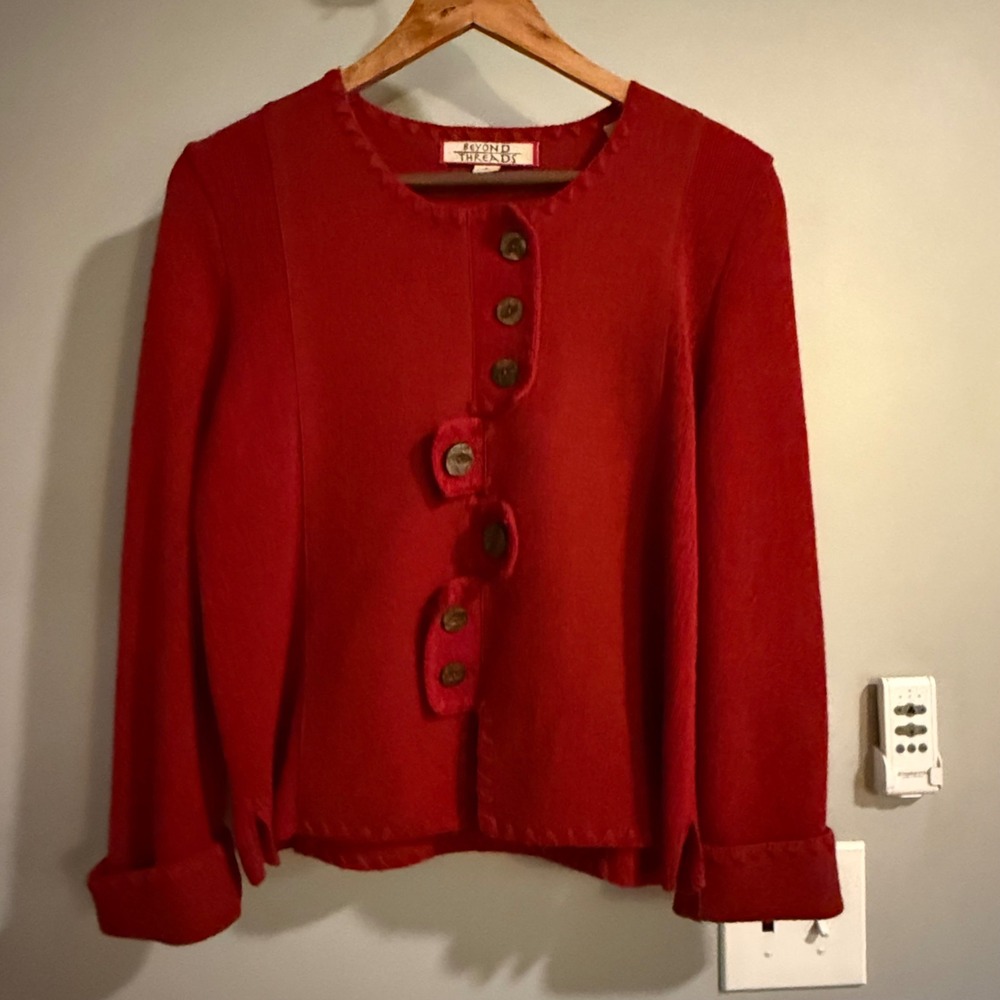Beyond Threads Cardigan Women Small Red Alpaca Wool Asymmetric Boho Peru 4840